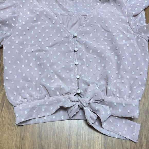 Sim & Sam Swiss Dot V Neck Ruffle Short Sleeve Blouse Sz M - Picture 3 of 9